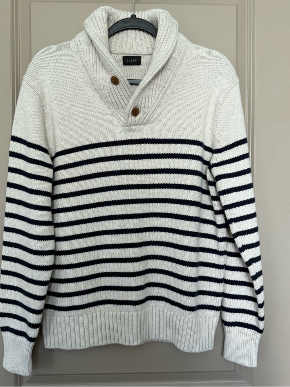 J. Crew Cream and Navy Striped Shawl-Collar Turtleneck Sweater